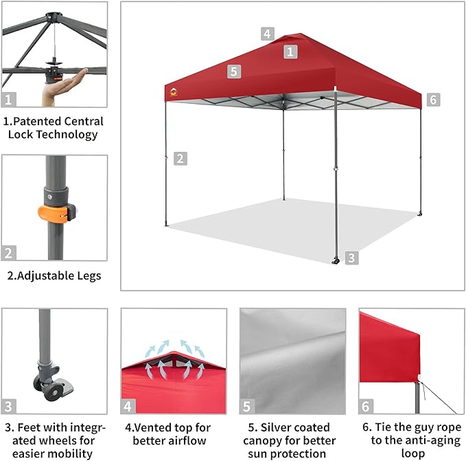 CROWN SHADES Adjustable Height on The Fly, 10x10 Pop Up Canopy - Beach Tent with One Push Setup - Easy Outdoor Sun Shade for Events, Parties, Camping - Outside Shade with STO-N-Go Bag, Red