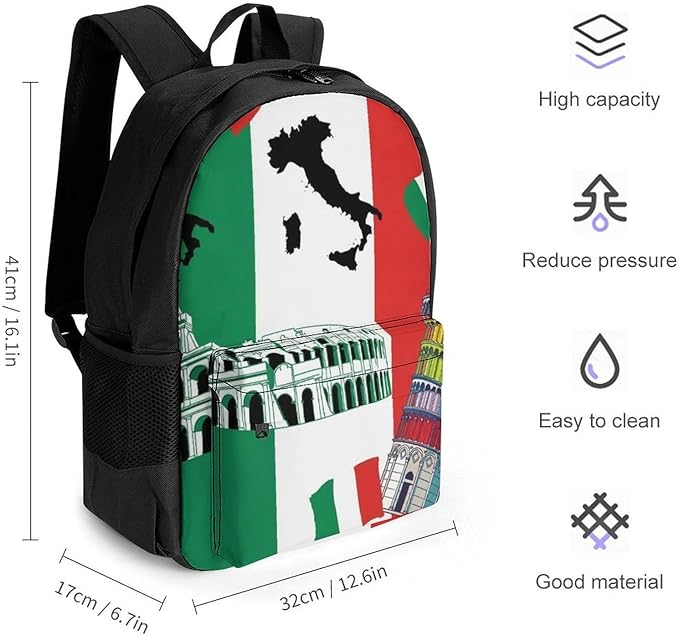 Polyester Daypack Backpack for Climbing Outdoors Running, Big Capacity Multipurpose Anti-Theft Bookbag, Pisa Tower Italian Flag Travel Hiking Camping Rucksack