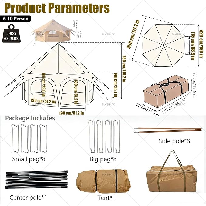 Octagon Tent, Canvas Bell Yurt Tent, 15 Person Large Glamping Tent with Stove Jack, Waterp-roof Polycotton Roof, and 8 Mesh Windows for Comfortable Family Camping and Festival Outings.