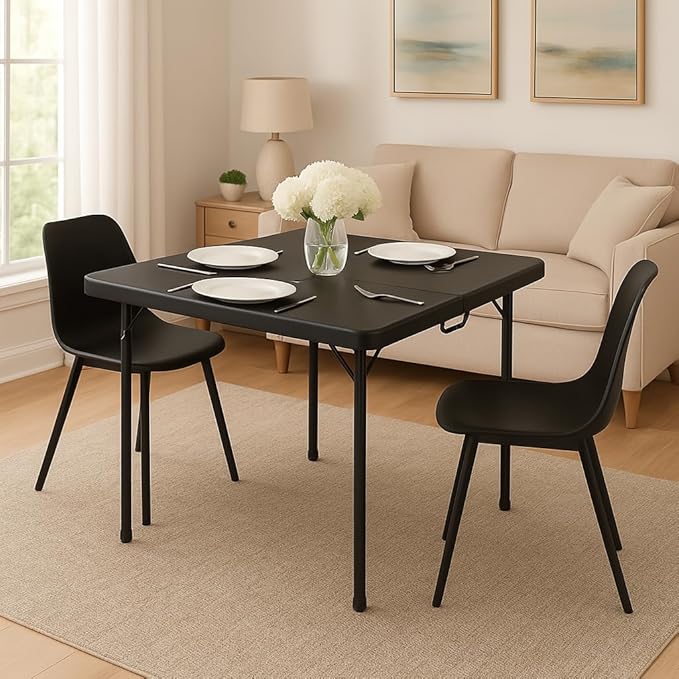 BTExpert 34" Square Folding Card Table Fold in Half Utility Commercial Table Dining Portable Indoor Outdoor Picnic Party Camping Lightweight Heavy Duty HDPE Black Plastic Foldable with Carrying Handle