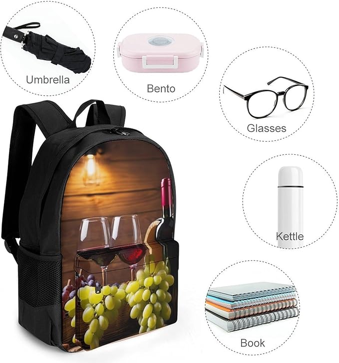 Adults Lightweight White Red Wine Glasses Grapes Wooden Shoulder Book Bags Big Capacity Shoulder Bag With Adjustable Shoulder Straps for Trekking Work Walking Cycling