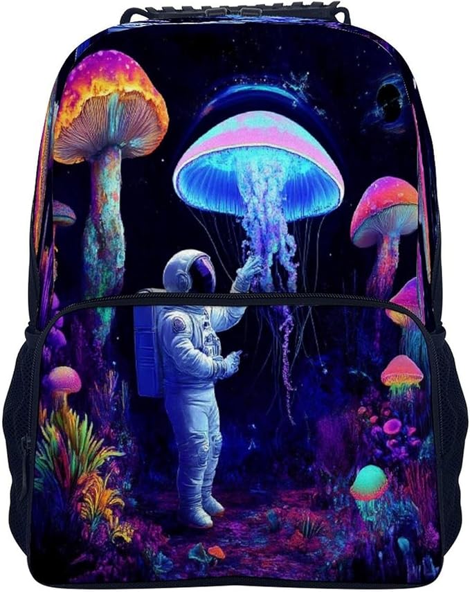 Men Women Polyester Underwater Neon Jellyfish Astronauts Mushroom Art Daypack Backpack Large Capacity Carry On Bag With Smooth Zippers for Hiking Picnic Walking Cycling