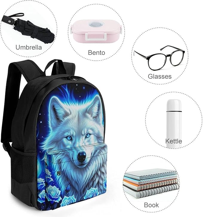 Daypack Backpack Polyester Anti-Theft Multipurpose White Galaxy Wolf With Blue Rose Bookbag Big Capacity Travel Hiking Camping Rucksack With Smooth Zippers