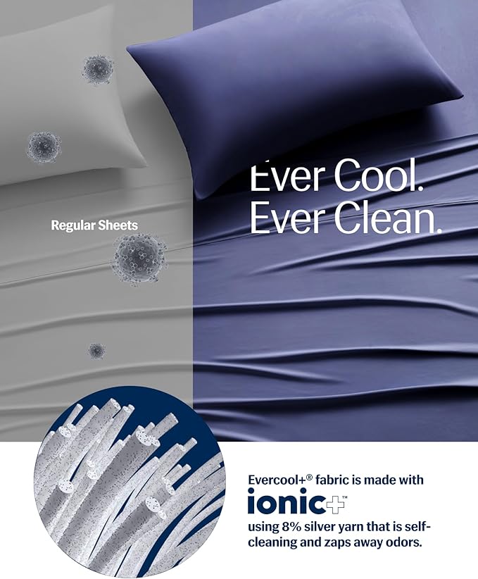 REST® Evercool®+ Cooling Sheet Set, Queen Size, Midnight Blue, Breathable Bed Sheets for Hot Sleeper and Night Sweats, with Pillowcases, with Ionic+ Self-Cleaning Silver Yarn for Sensitive Skin, 4PCS