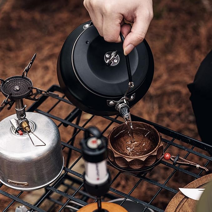 Camping Kettle Outdoor Campfire Camp Kettle, 1L Stainless Steel Camp Tea Coffee Pot, Portable Lightweight Teapot Fast Heating Boiling Water, Ideal for Hiking Picnic Travel, Black