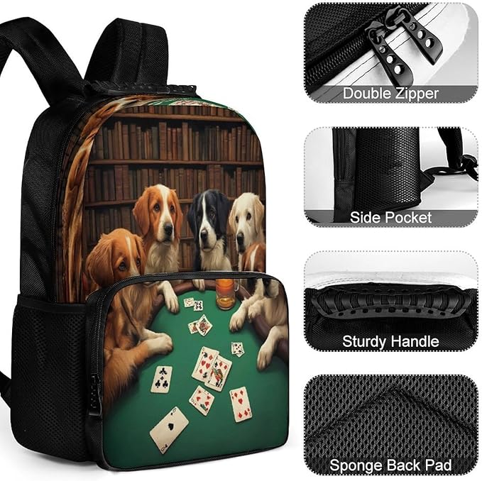 Daypack Polyester Anti-Theft Multipurpose Dogs Playing Poker Cards Library Funny Dog Bookbag Big Capacity Gym Outdoor Hiking Backpack With Adjustable Shoulder Straps