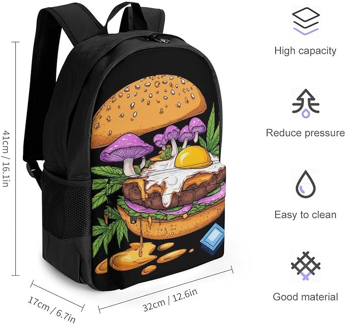 Daypack Backpack Anti-Theft Multipurpose Big Capacity Bookbag, Mushrooms Trippy Hamburger Art Business Computer Bag With Side Pockets