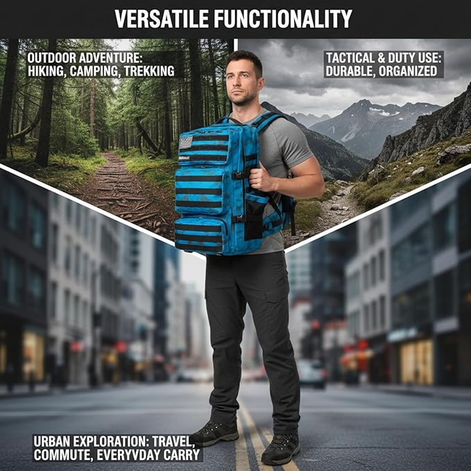 Military Tactical Backpack 55L for Men & Women Bug Out Bag Assault pack Molle Daypack Hiking Trekking Rucksack (Blue tie dye)