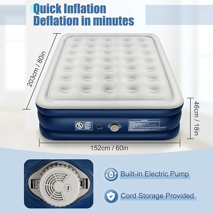Queen Air Mattress with Built-in Pump,18''Raised Blow Up Mattress 2Mins Self inflation,48Hr Leak-Proof Test,Upgraded Thicker Inflatable Mattress Air Bed with storage Bag for Guests,Camping,660 lbs Max