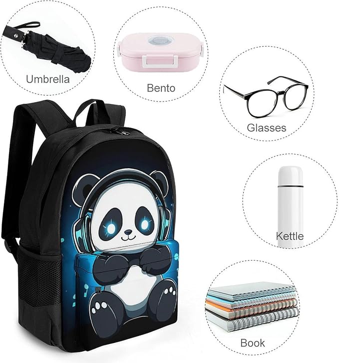 Supdreamc Daypack Backpack Polyester Multipurpose Anti-Theft Animal Headphones Music Cute Panda Shoulder Bag Big Capacity Gym Outdoor Hiking Backpack With Smooth Zippers