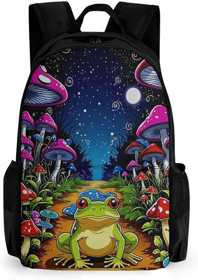 Supdreamc Men Women Lightweight Psychedelic Magic Mushrooms Frog Trippy Art Backpack Large Capacity Bookbag With Smooth Zippers for Gym Business Running