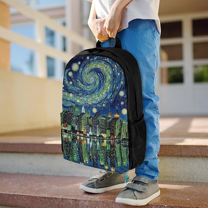 Supdreamc Adults Lightweight Chicago City Skyline Night View Starry Sky Painting Rucksacks Large Capacity Bookbag With Adjustable Shoulder Straps for Trekking Outdoors Bicycle