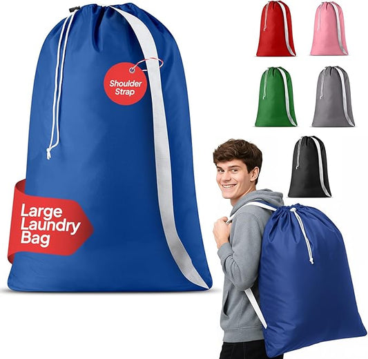 Handy Laundry Bag Shoulder Strap - Drawstring Locking Closure, Durable Nylon Material, Large Capacity, Heavy Duty Stitching - Perfect for Laundromat or College Dorm (Blue, 30" x 40")