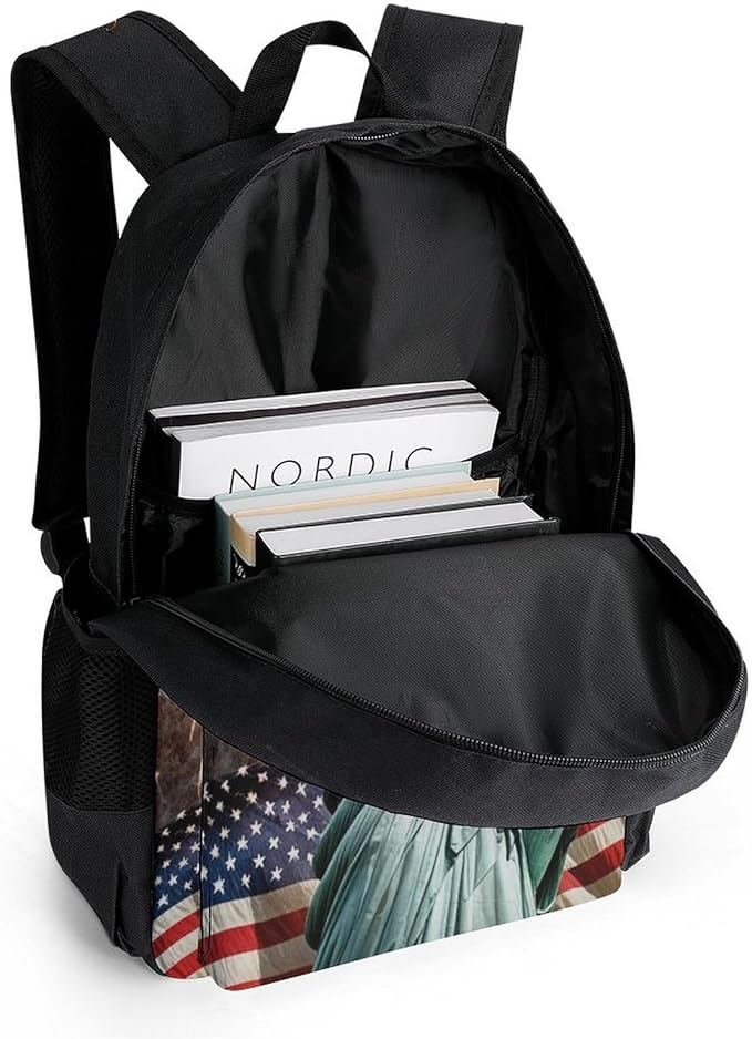 Supdreamc Men Women Lightweight Statue Of Liberty American Flag Firework Patriotic Casual Daypack Big Capacity Bookbag With Padded Straps for Gym Travel Walking Cycling