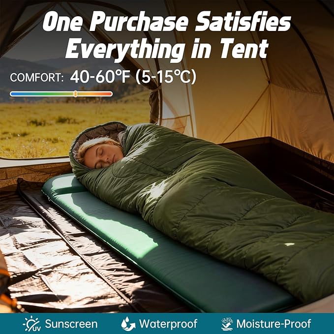 3-Piece Camping Sleep System with Self Inflating Sleeping Pad, Waterproof Tarp & Sleeping Bag, Built-in Pump 3.2" Thick Tent Mattress, R-Value 9.5 All-Season Gear for Backpacking
