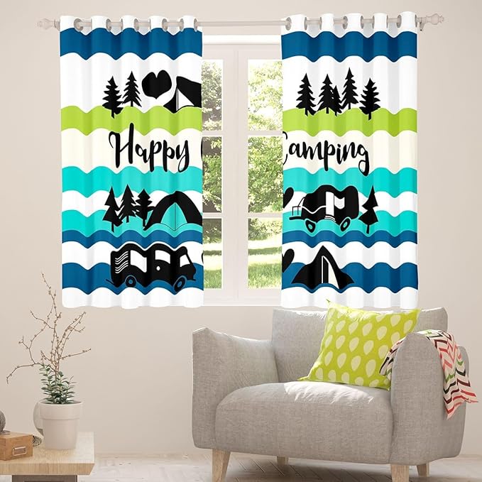 Erosebridal Happy Camping Camper Blackout Curtains for Bedroom Living Room Vehicles Camping Window Curtains 2 Panels 42" Wx90 L Country Pine Tree Mountain Drapes,Colorful Stripes Window Treatments