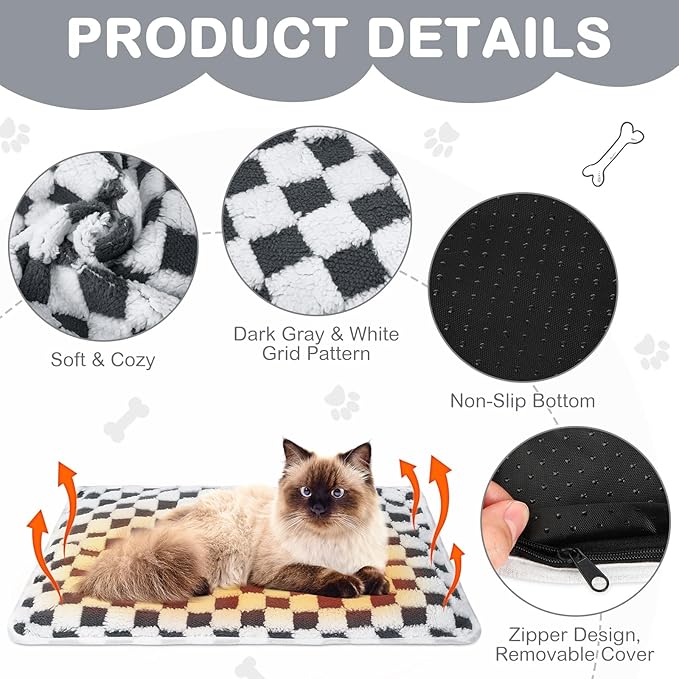 2 Pack Self Warming Cat Bed Self Heating Dog Pad Cat Warming Pad Thermal Pet Mat Washable Reflect Body Heat Removable Cover for Indoor Kittens Puppies (Grey White Plaid,16 x 20 Inch)
