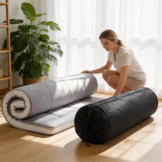 Tiita Memory Foam Mattress Topper Twin Size, 4" Thicken Futon Mattress with Storage Bag and 2 Straps, Portable Roll Up Travel Car Camping Mattress Floor Sleeping Pad, Grey