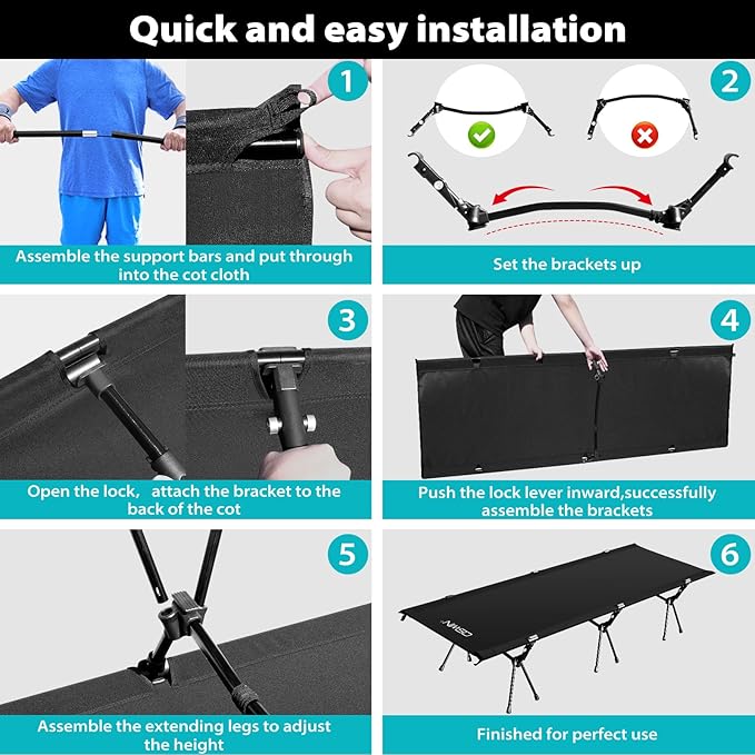 OSWIN Adult Backcountry Camping cot with Leg Extension, rollaway Camping cot, Ultralight Folding Backpack Bed, Support 330-pound, Portable Camping Bed Outdoor Hiking RV Beach（Black）
