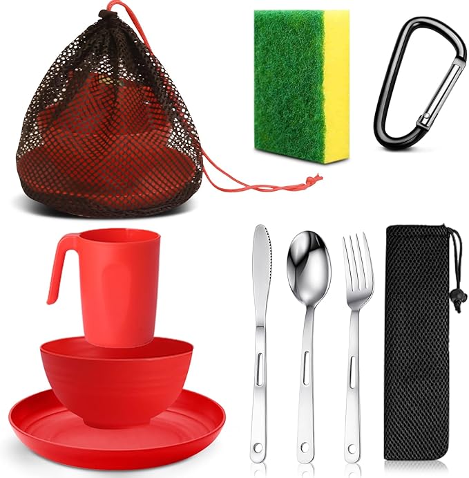 Scout Camping Mess Kit for 1 Person Boy Scout Dishes Set Girl Scout Mess Kit with Mesh Bag Reusable Light Weight Eating Utensils Plastic Camping Cutlery Set for Travel Camp