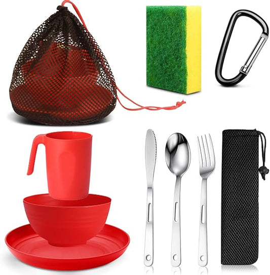 Scout Camping Mess Kit for 1 Person Boy Scout Dishes Set Girl Scout Mess Kit with Mesh Bag Reusable Light Weight Eating Utensils Plastic Camping Cutlery Set for Travel Camp