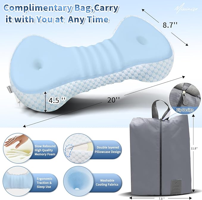 Neck Support Pillow, Small Neck Roll Pillow Memory Foam, Cervical Traction Device, Ergonomic Support for Stiff Neck, Camping & Travel Pillow with Removable Cooling Pillowcase and Portable Bag