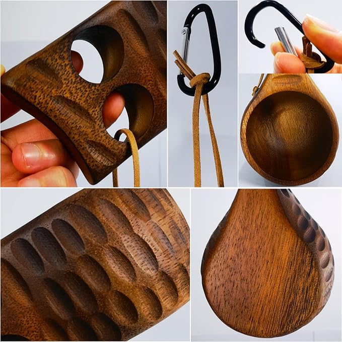 Sanrich Wooden Mug Kuksa Handcrafted Wood Camp Mug Survival Wood Cup Camping Cups & Mugs with Carabiner Leather Lanyard For Drinking Tea Coffee (8 ounces-Tortoiseshell-2 handle holes)