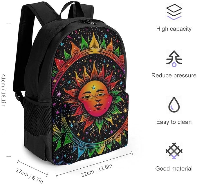 Supdreamc Daypack Backpack Anti-Theft Multipurpose Big Capacity Bookbag, Glowing Sun And Moon Stars Art Business Computer Bag With Side Pockets