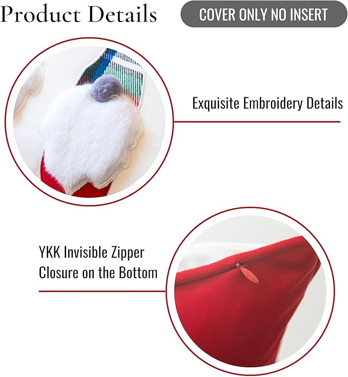 Hofdeco Premium Holiday Winter Soft Velvet Decorative Lumbar Pillow Cover ONLY for Couch, Sofa, Bed, Embroidery Christmas Gnomes, Red, 12"x20"