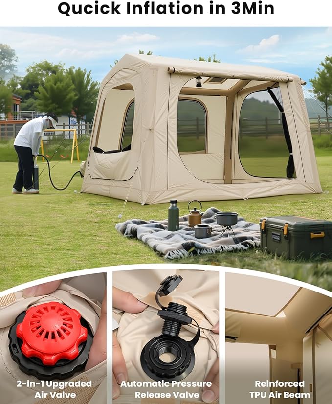 Inflatable SUV Tents for Camping, Pop Up Car Tent, Large SUV Tent Attachment for Camping, 2 in 1 Inflatable Tents Attach to Back Car with AC Port - Khaki