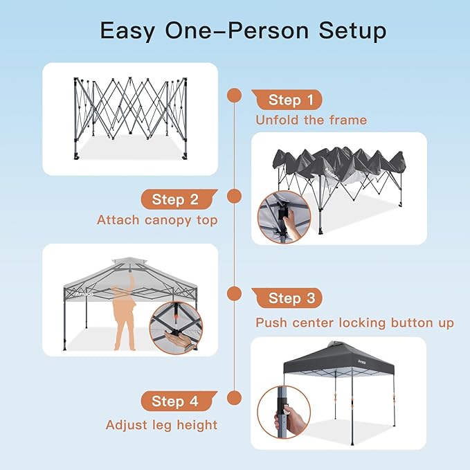Amada 12x12 Pop Up Canopy - Center Lock One Push Instant Setup Gazebo Outdoor Canopy Beach Tent with STO-N-Go Bag 8 Stakes & 4 Sand Bags, 3-Height Adjustable Shade Shelter (12x12ft, Grey)
