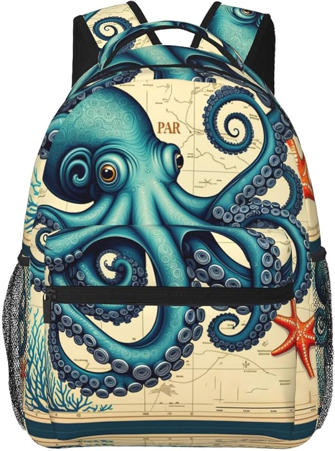 Backpack Polyester Anti-Theft Multipurpose Retro Octopus Art Bookbag Large Capacity Laptop Book Bag Rucksack With Side Pockets
