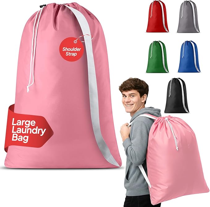 Handy Laundry Bag Shoulder Strap - Drawstring Locking Closure, Durable Material, Large Capacity, Heavy Duty Stitching, Hands Free Carrying - Perfect College Dorm (Pink, 30" x 40")