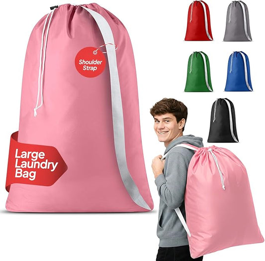 Handy Laundry Bag Shoulder Strap - Drawstring Locking Closure, Durable Material, Large Capacity, Heavy Duty Stitching, Hands Free Carrying - Perfect College Dorm (Pink, 30" x 40")