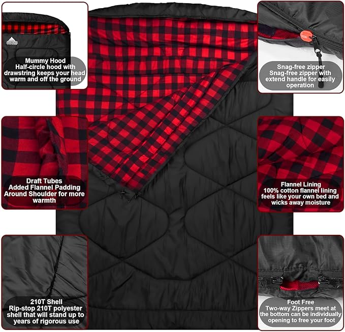 AGEMORE Cotton Flannel Double Sleeping Bags for Adults, Cold Weather Waterproof Queen Size Sleeping Bag, 2 Person Double Wide Warm Sleeping Bag for Family or Couples Outdoor Camping or RV Traveling