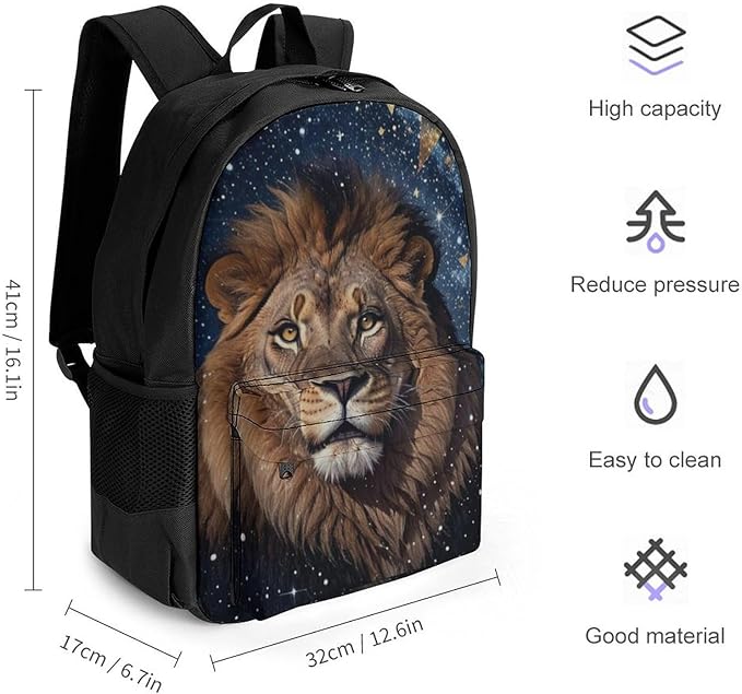 Men Women Lightweight Outer Space King Lion Backpack Large Capacity Bookbag With Smooth Zippers for Gym Business Running