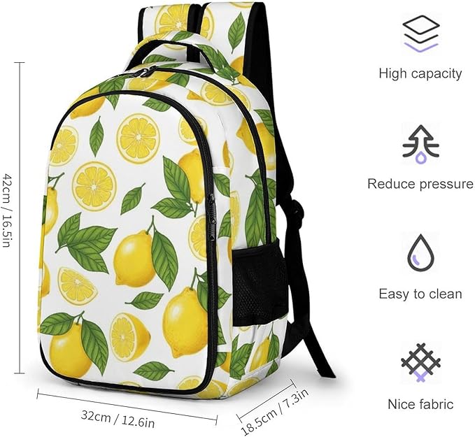 Casual Lightweight Laptop Backpack Yellow Lemon, Cute Travel Daypack with Tumbler Holder for College Nurse Teacher Work Commute