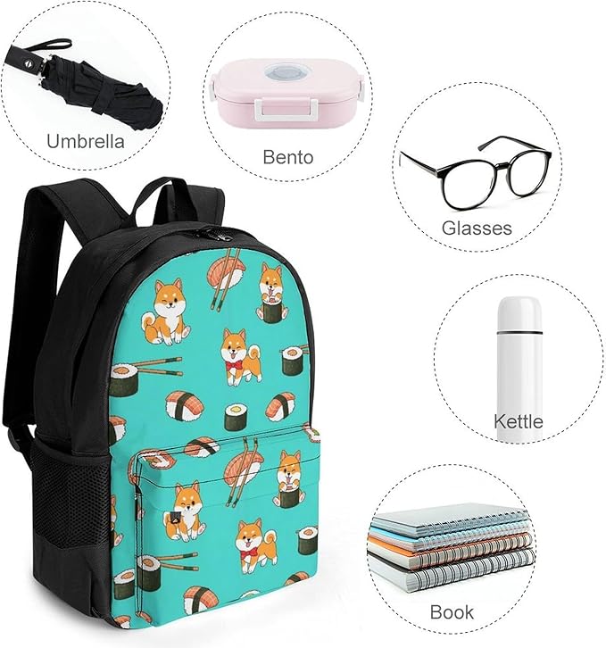 Supdreamc Lightweight Daypack Backpack for Sports Travel Running, Large Capacity Multipurpose Anti-Theft Bookbag, Shiba Inu And Sushi Laptop Backpack Daypack