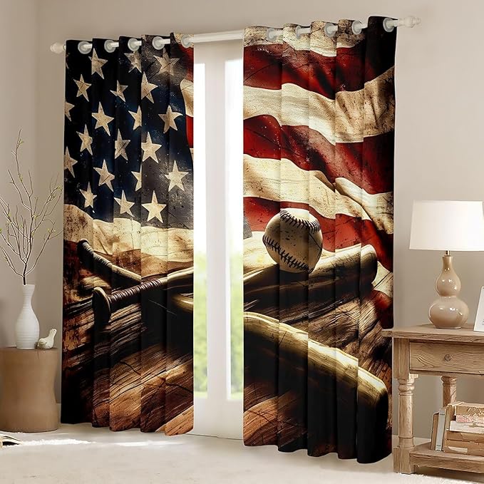 Manfei Baseball Blackout Curtains Retro American Flag Wooden Window Drapes,Sports Gaming Theme Window Treatments,Kids Boys Girls Room Decor,Grommet Top 2 Panel Set Bedroom Curtains, 52Wx96L inch