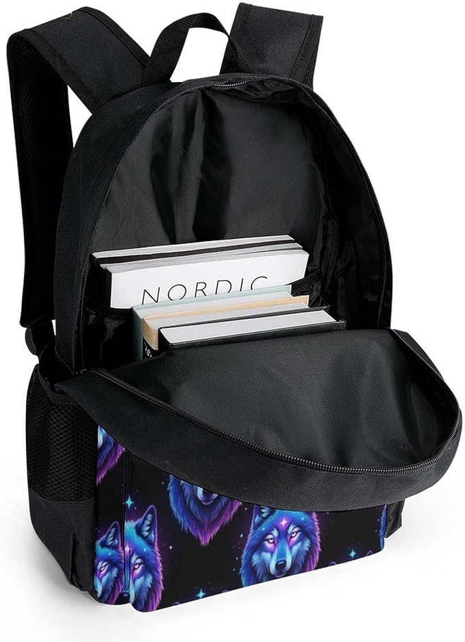 Versatile Polyester Backpack with Large Capacity for Business and Casual Activities, Wolf Galaxy Tavel Hiking Camping