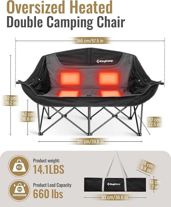KingCamp Heated Double Camping Chair, Oversized 660lbs Heavy Duty Loveseat for Adults Portable Folding XL 2 Person Couch Padded Comfortable with 3 Heat Levels for Outdoor Sports Lawn, Black/Grey