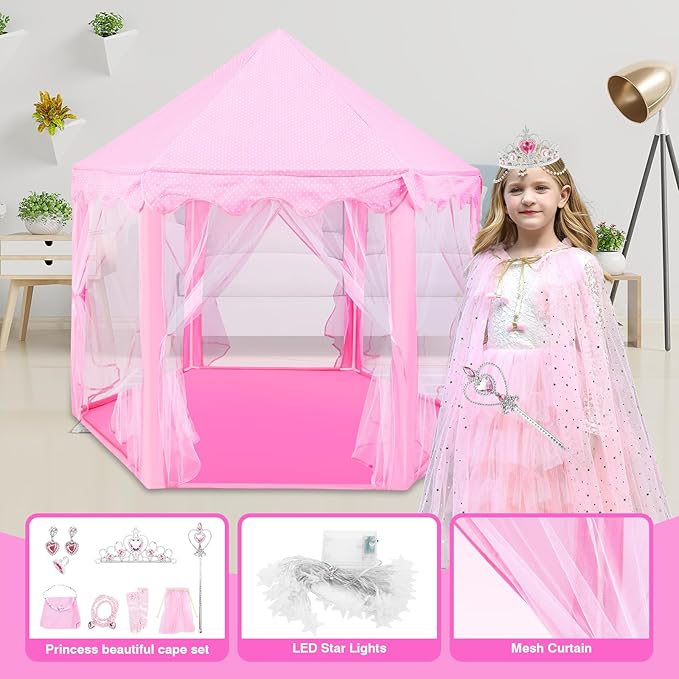 Princess Tent with 10Pcs Cape Set for Girls,Castle Play Tent with Princess Dress up Clothes,Large Indoor and Outdoor Playhouse with LED Star