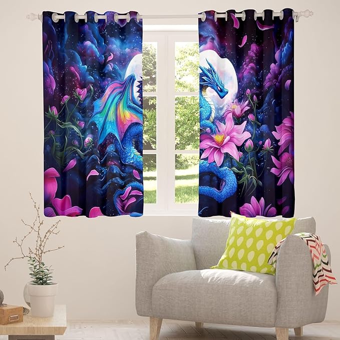 Manfei Blue Dragon Blackout Curtains Pink Lotus Flower Window Drapes,Cartoon Wild Animal Theme Window Treatments,Kids Boys Girls Room Decor,Grommet Top 2 Panel Set Bedroom Curtains, 38Wx45L inch