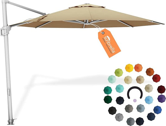 Midtown Umbrellas 10 Ft Outdoor Cantilever Patio Umbrella w/Sunbrella Heather Tan Fabric - 360° Rotate Offset Patio Umbrella, Deck Patio Umbrella, Backyard Umbrella & Garden Umbrella - Silver Frame