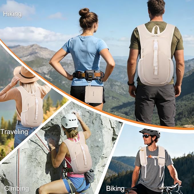MOSISO 10L Small Hiking Backpack for Women Men, Foldable Casual Daypack Lightweight Packable Backpack with Front Quick Access Pocket for Travel Camping Outdoor, Beige