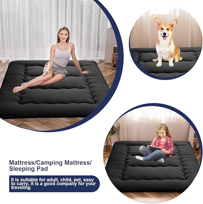 Floor Mattress Japanese Futon Foldable Sleeping Pad, Portable Roll Up Tatami Mat for Camping Guest Room, Black, Full (80" X 47")