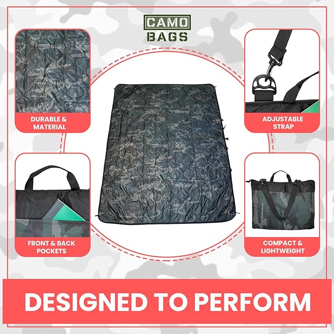 Outdoor Packable Camo Blanket - 1000D Polyester Interior & RIPSTOP Fabric Exterior Blanket with Adjustable & Removable Carrying Strap - Front, Back Storage Pocket - Ideal for Camping & Outdoor Use
