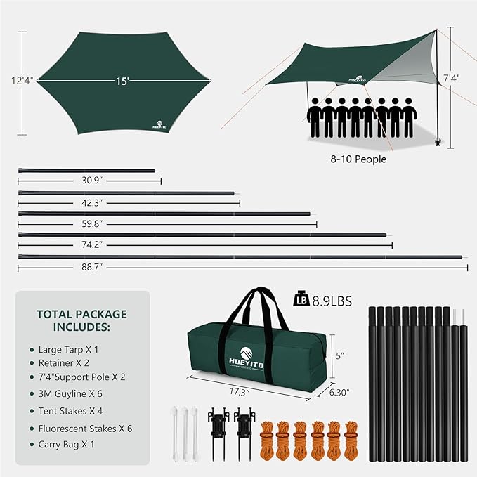 Camping Tarp with Poles & Retainer,15x12.5FT Large Waterproof 210D Oxford Cloth Camping Canopy, Anti-UV UPF100+ Tent Tarp Car Awning for Outdoor, Picnic, Hammock, Car, Backpacking (Green)