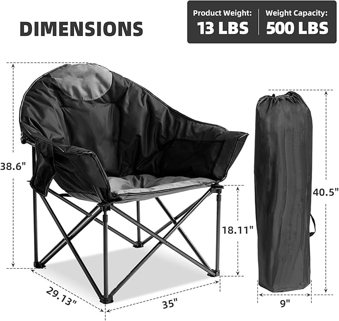 Oversized Camping Chair with Cup Holder & Carry Bag - 500lbs Heavy Duty Moon Saucer Chair for Outdoor, Lawn, Sports, Patio - Padded Folding Sofa Chair, Black & Gray