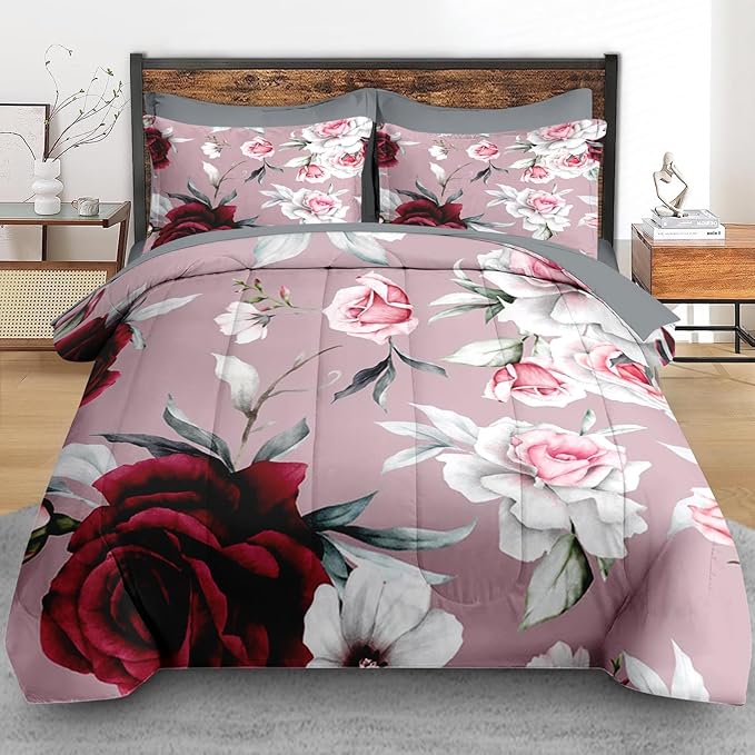 Comforter Set King Size, Rose Flower Leaves 7 Pcs Bedding for Kids and Adults, Painting Vintage Bed Sheet Sets with Fitted Sheet 2 Pillowcases & 2 Shams for Bedroom Bed Decor